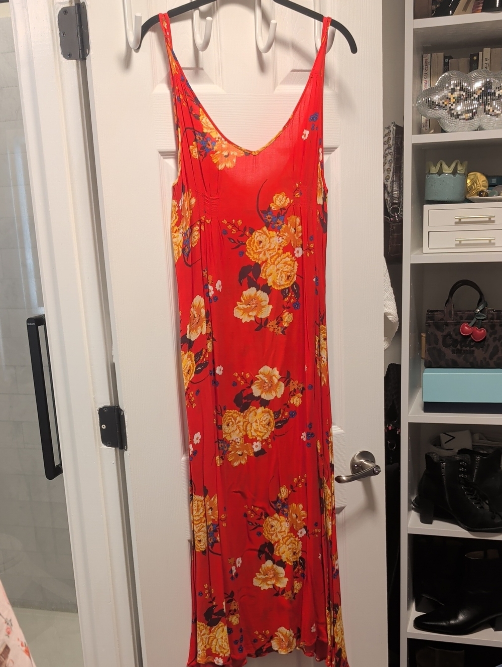 Free People Red Floral Print Maxi Dress with Yellow and Blue Accents